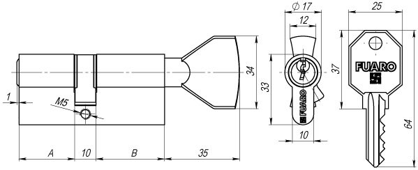 Цилиндровый механизм (100 CM/80) 1000CMKnob80(35+10+35) CP хром 3Key с вертушкой, FUARO (Фуаро) — изображение 2