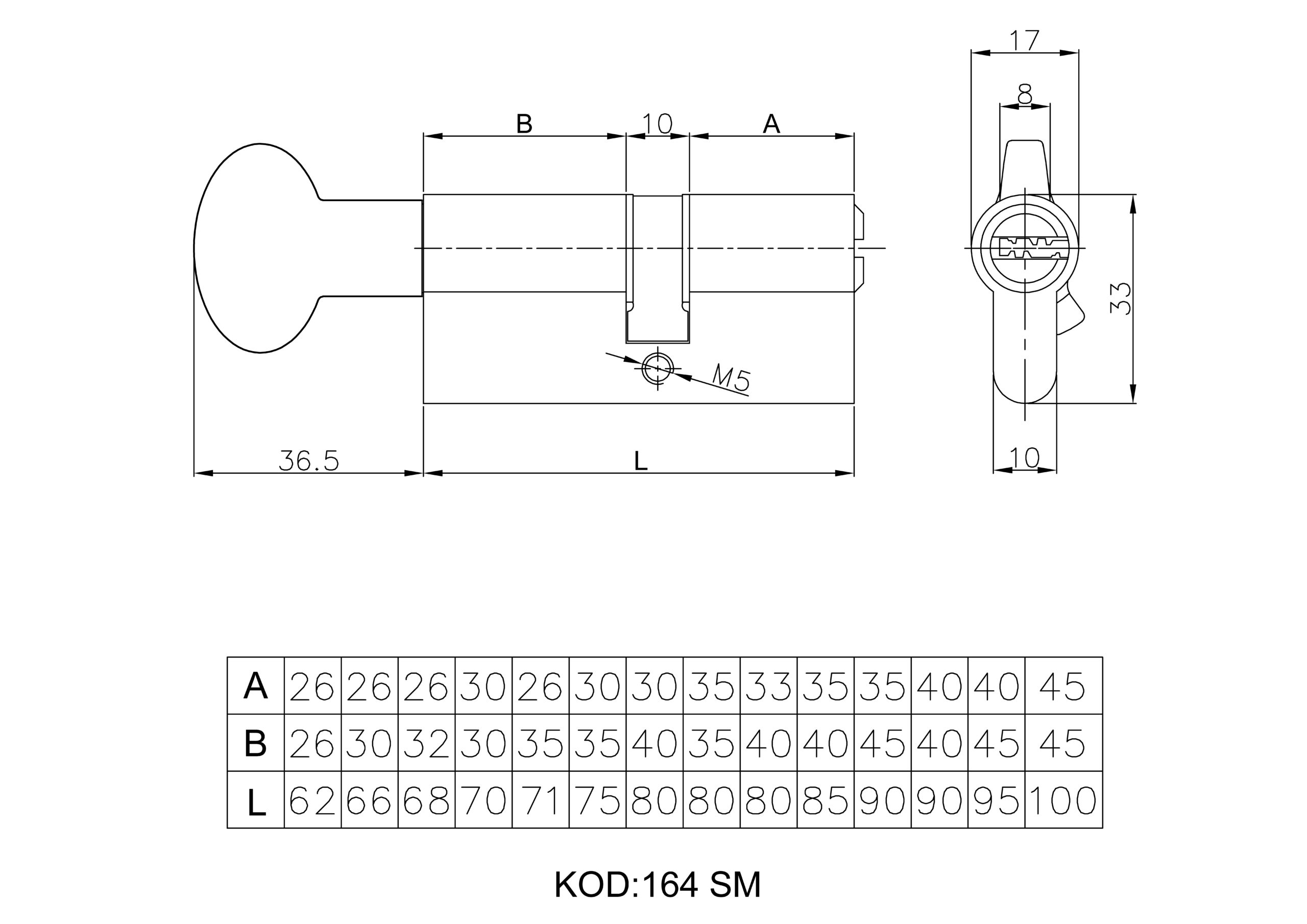 Цилиндровый механизм с вертушкой 164 SM/62 (26+10+26) mm латунь 5 кл., KALE KILIT (КАЛЕ КИЛИТ) — изображение 2