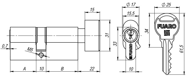 Цилиндровый механизм (R302/60) R3002Knob60(25+10+25) CP хром 5Key с вертушкой, FUARO (Фуаро) — изображение 2