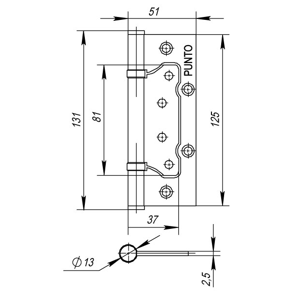 Петля универсальная без врезки IN5200W PN (200-2B 125x2,5) мат. никель, PUNTO (ПУНТО) — изображение 2