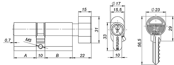 Цилиндровый механизм (100 ZM/80) 1000ZMKnob80(40+10+30) CP хром 5Key с вертушкой, FUARO (Фуаро) — изображение 2
